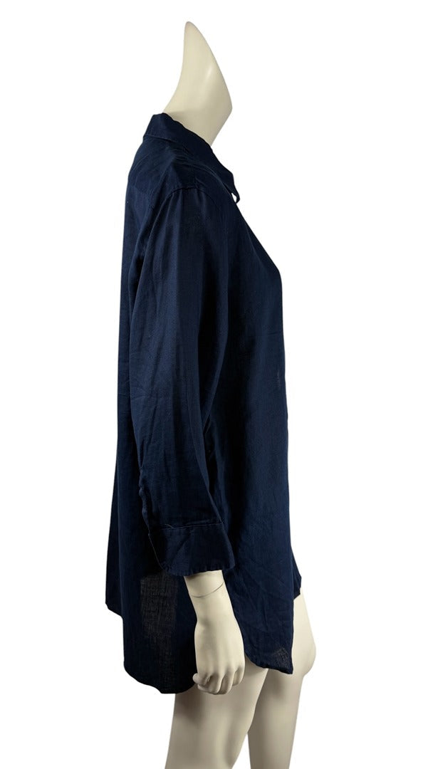 Tunique longue en lin bleu marine Lauren Ralph Lauren avec col chemise et manches longues, vue de profil