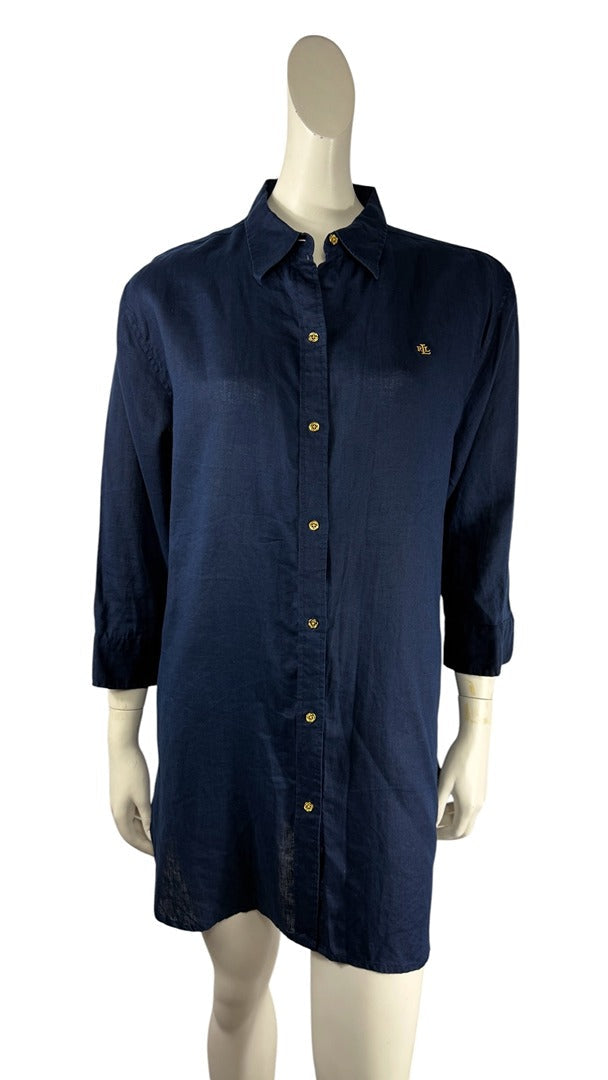 Tunique longue Frippindealz Lauren Ralph Lauren en lin bleu marine avec boutons dorés et logo brodé