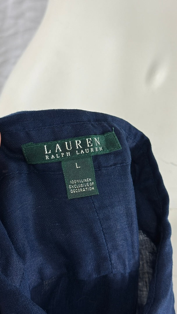 Étiquette de col Frippindealz sur tunique Lauren Ralph Lauren en lin bleu marine taille L
