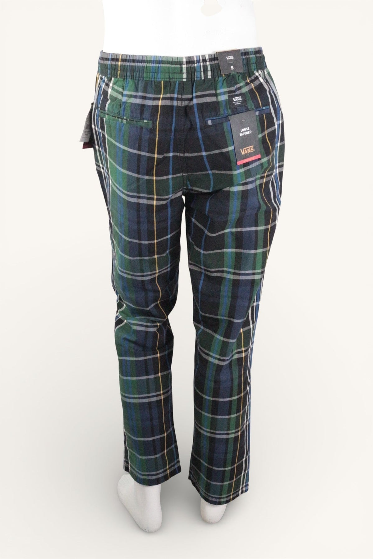 Pantalon Frippindealz Vans en coton vert à carreaux, coupe loose tapered, neuf avec étiquettes, vue arrière