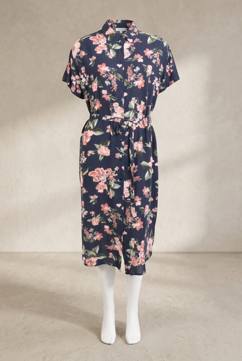 Robe longue Frippindealz Vero Moda bleu marine à imprimé floral rose, col chemise et ceinture à nouer à la taille