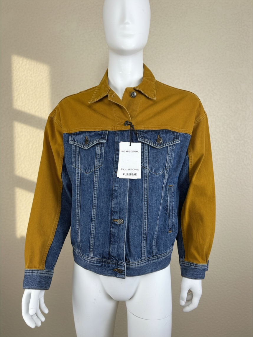 Veste bicolore Frippindealz Pull&Bear en coton moutarde et denim bleu pour homme avec étiquette