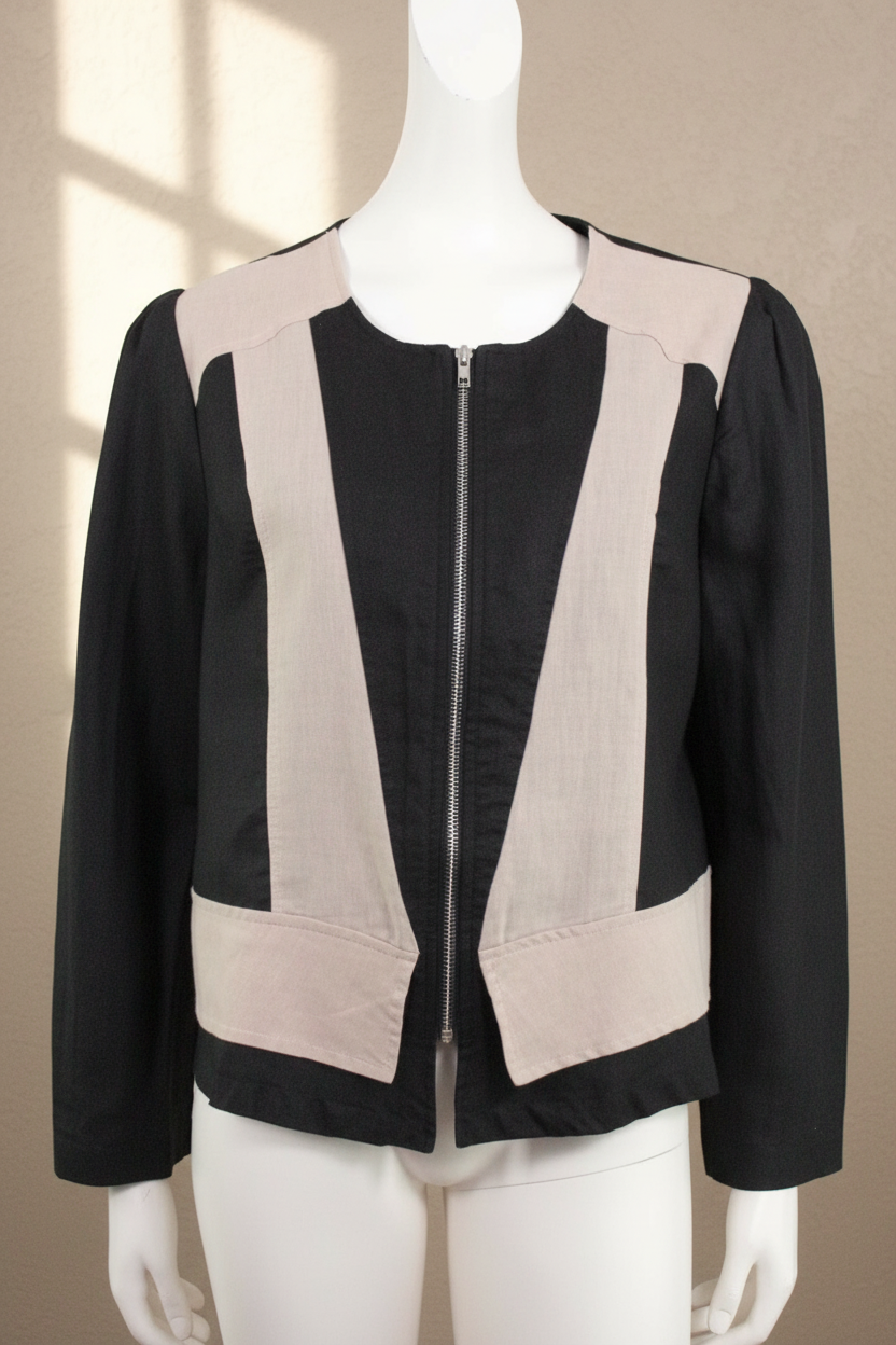 Veste bicolore noire et beige Frippindealz en ramie et coton avec empiècements géométriques et fermeture éclair