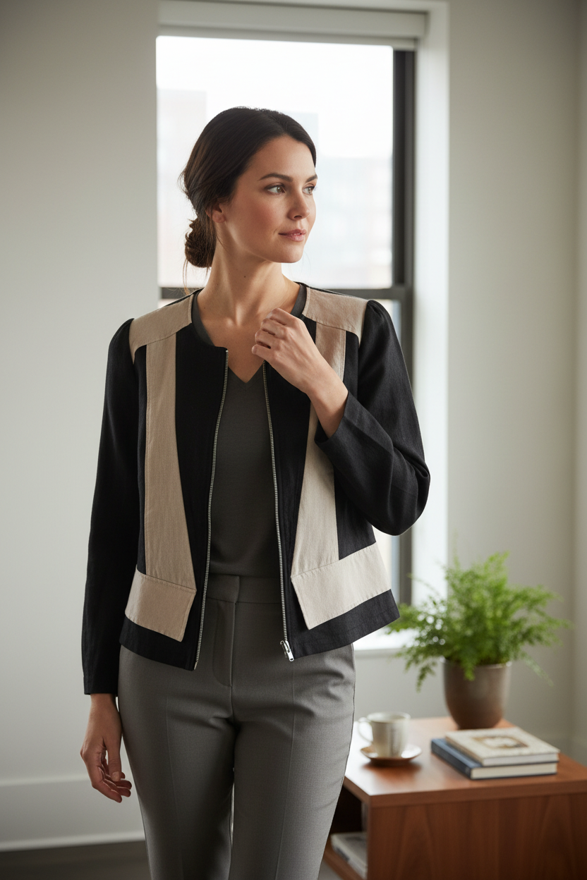 Veste bicolore noire et beige Frippindealz en ramie et coton avec empiècements géométriques pour un style chic urbain