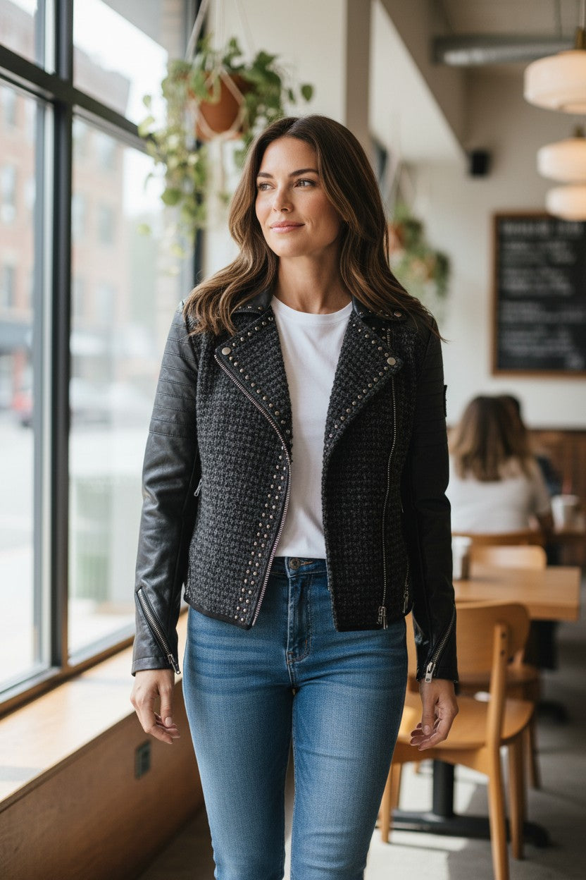 Frippindealz Veste biker noire en tweed texturé et simili cuir clouté, zip asymétrique, manches matelassées.