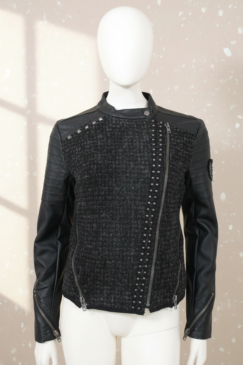 Veste biker Frippindealz en tweed gris et simili cuir noir avec zip asymétrique, clous métalliques et manches matelassées