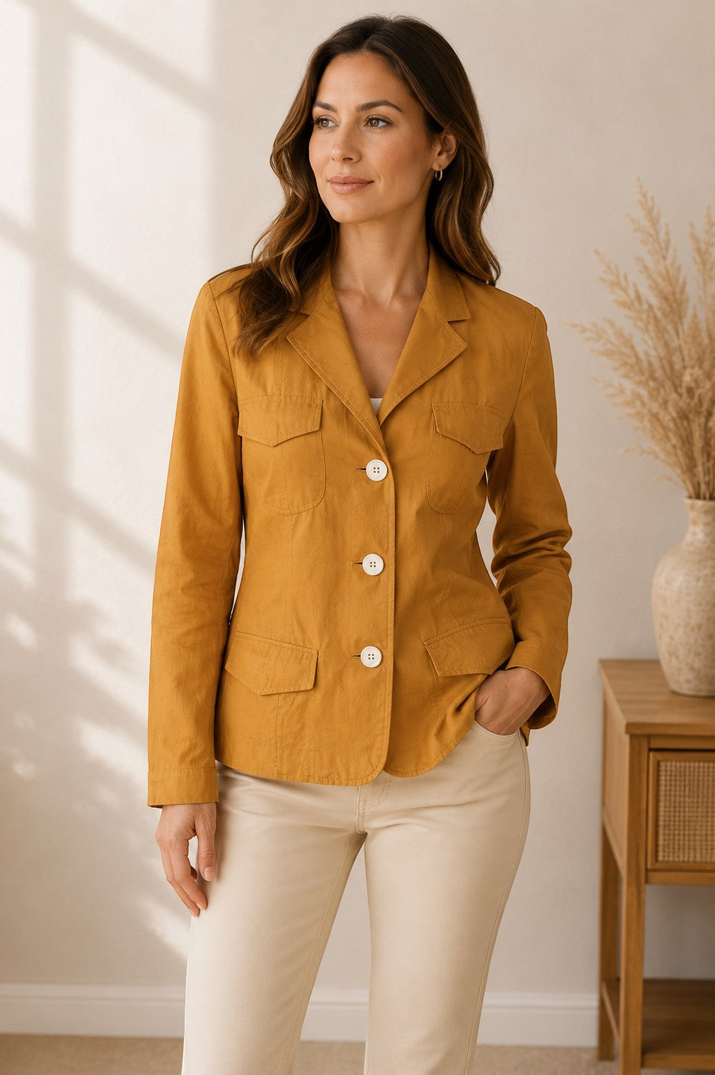 Frippindealz Veste blazer en soie et lin camel pour femme, coupe classique, boutons contrastants, poches plaquées.