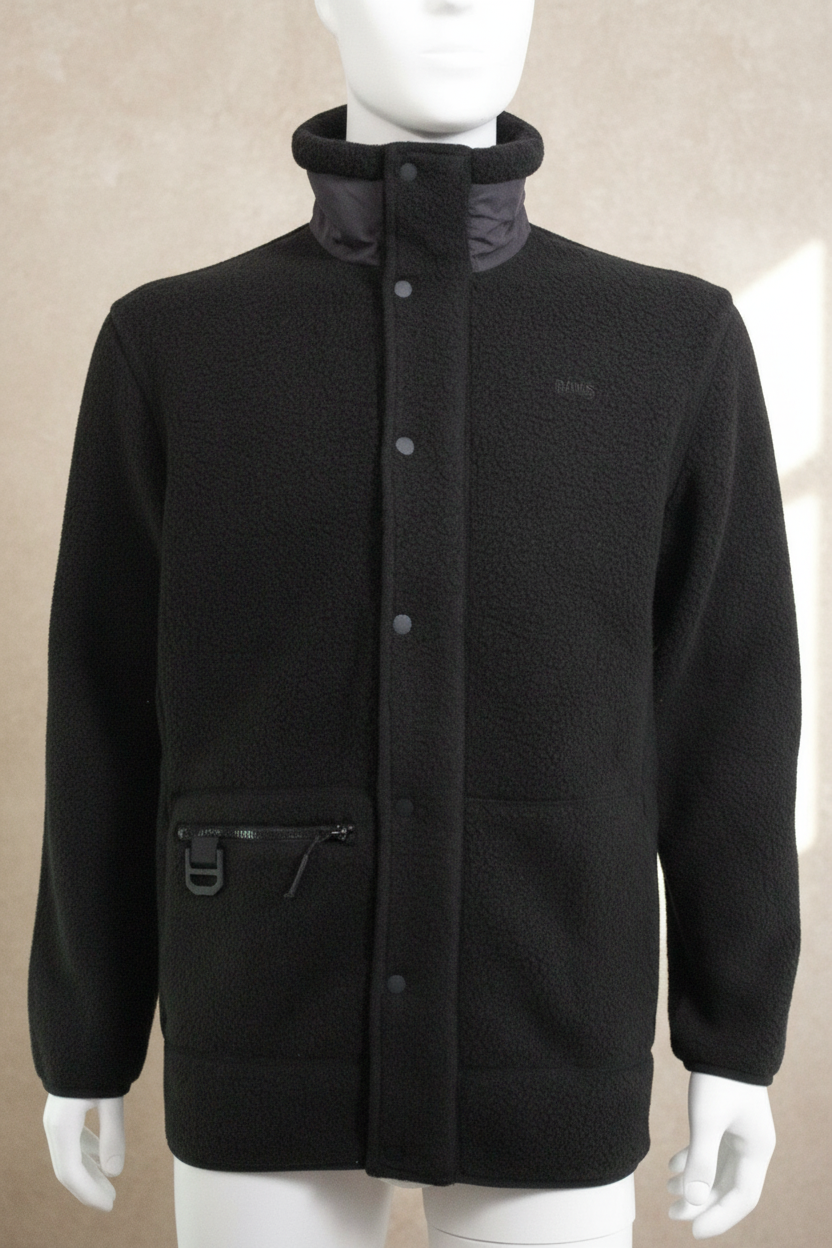 Veste blouson noire Frippindealz en polaire avec col montant, fermeture à boutons-pression et poche zippée utilitaire