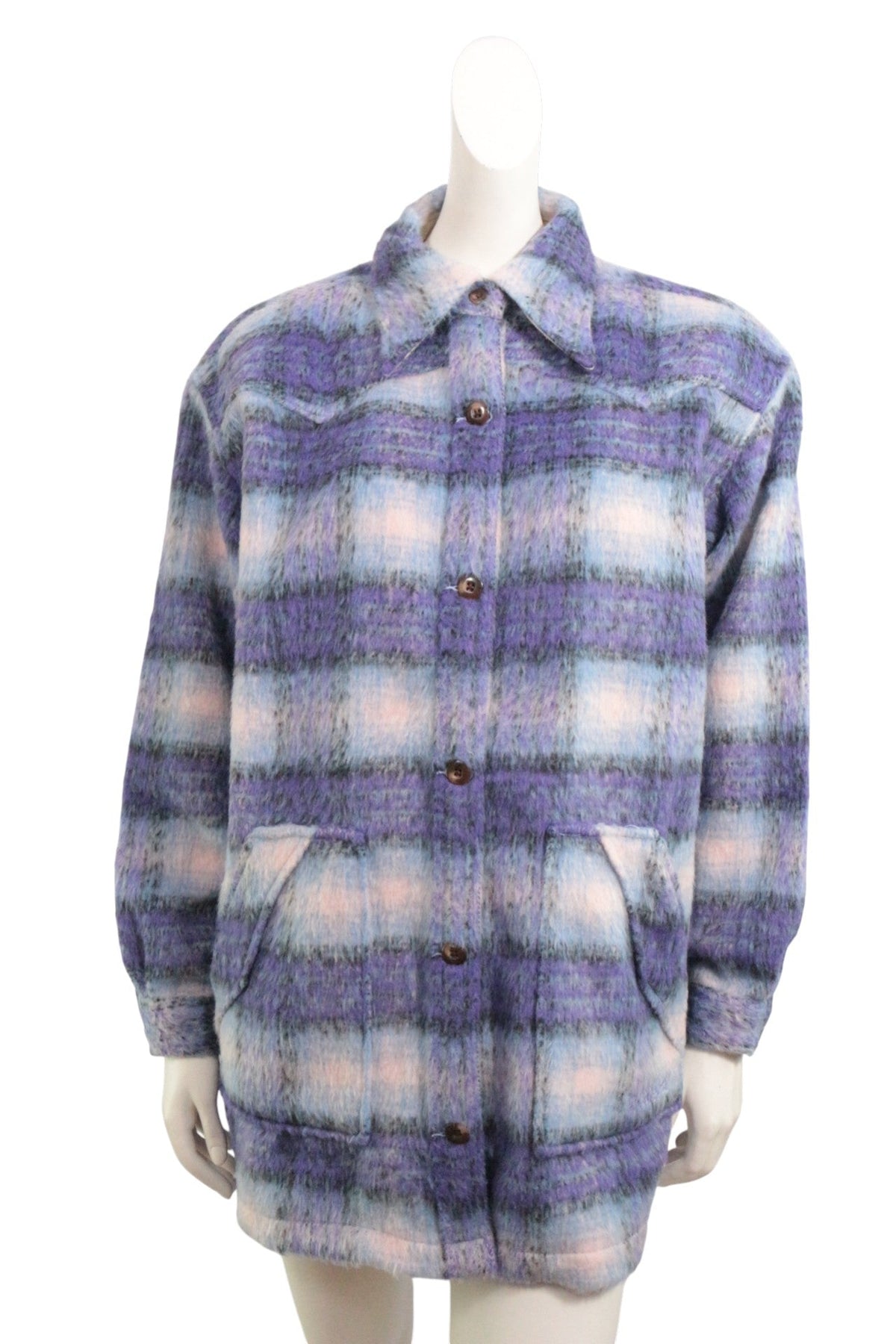 Veste Wrangler Frippindealz à carreaux violets et blancs en mélange de laine, polyester et viscose, coupe droite.