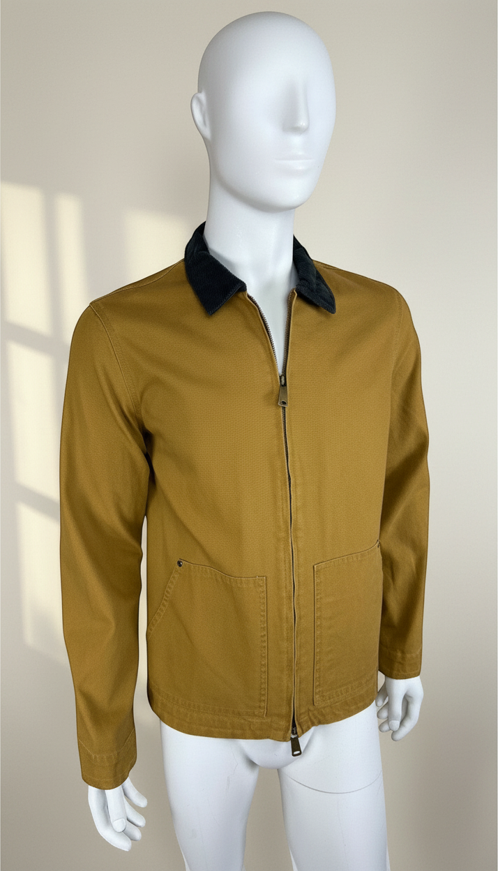 Veste en coton moutarde Frippindealz avec col contrasté sombre et fermeture zippée sur mannequin