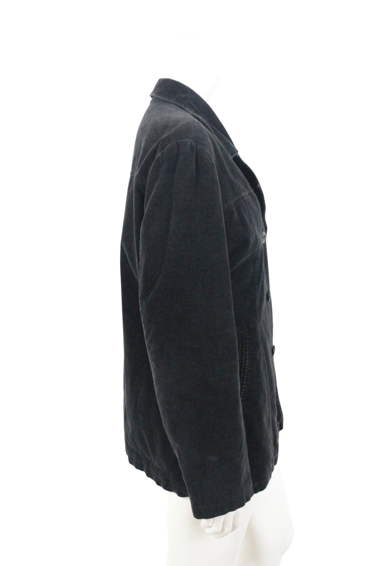 Veste noire en coton Frippindealz avec doublure matelassée, vue de profil, style bohème chic