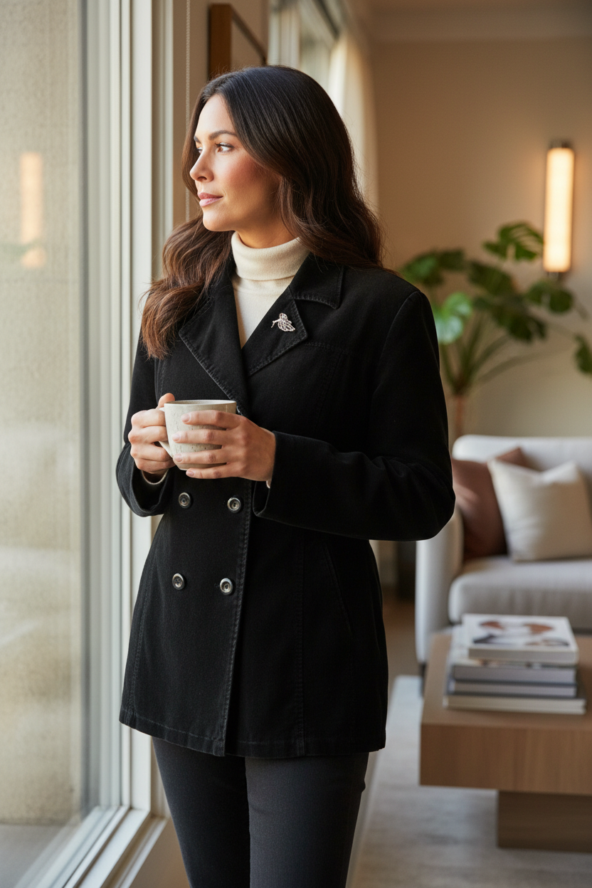 Femme portant une veste en coton noir Frippindealz avec doublure matelassée, style bohème chic près d'une fenêtre