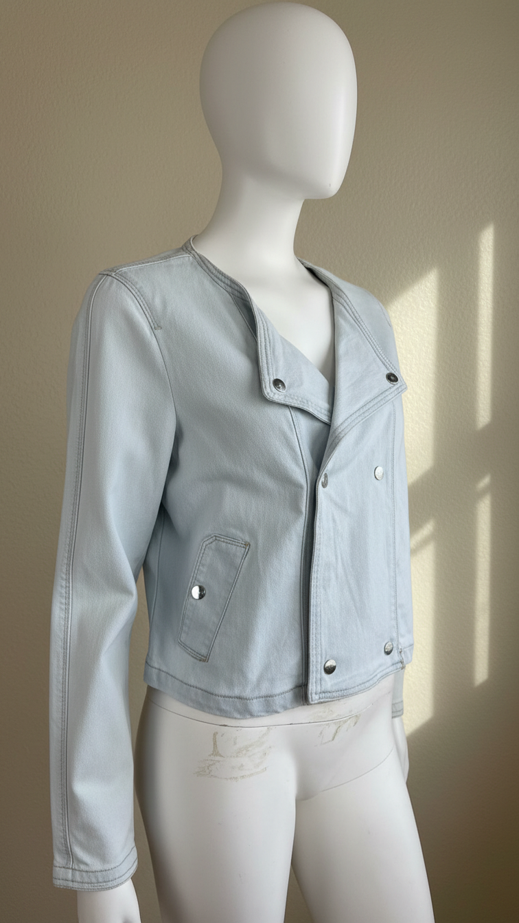 Veste courte bleu clair Bréal en mélange de coton, viscose et polyester sur mannequin, style chic et moderne.