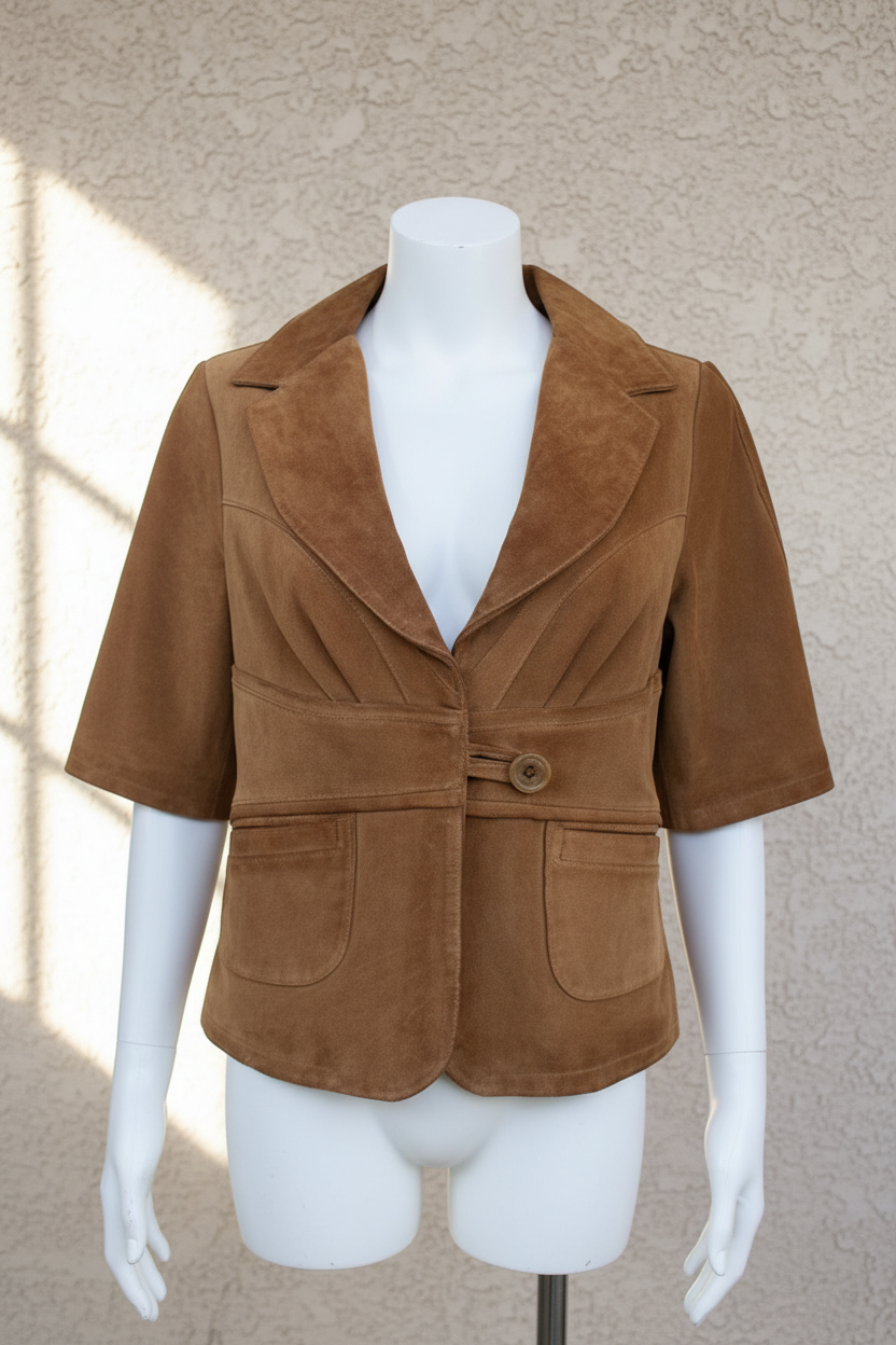 Veste en cuir camel Frippindealz style vintage avec manches mi-longues et fermeture à un bouton sur mannequin