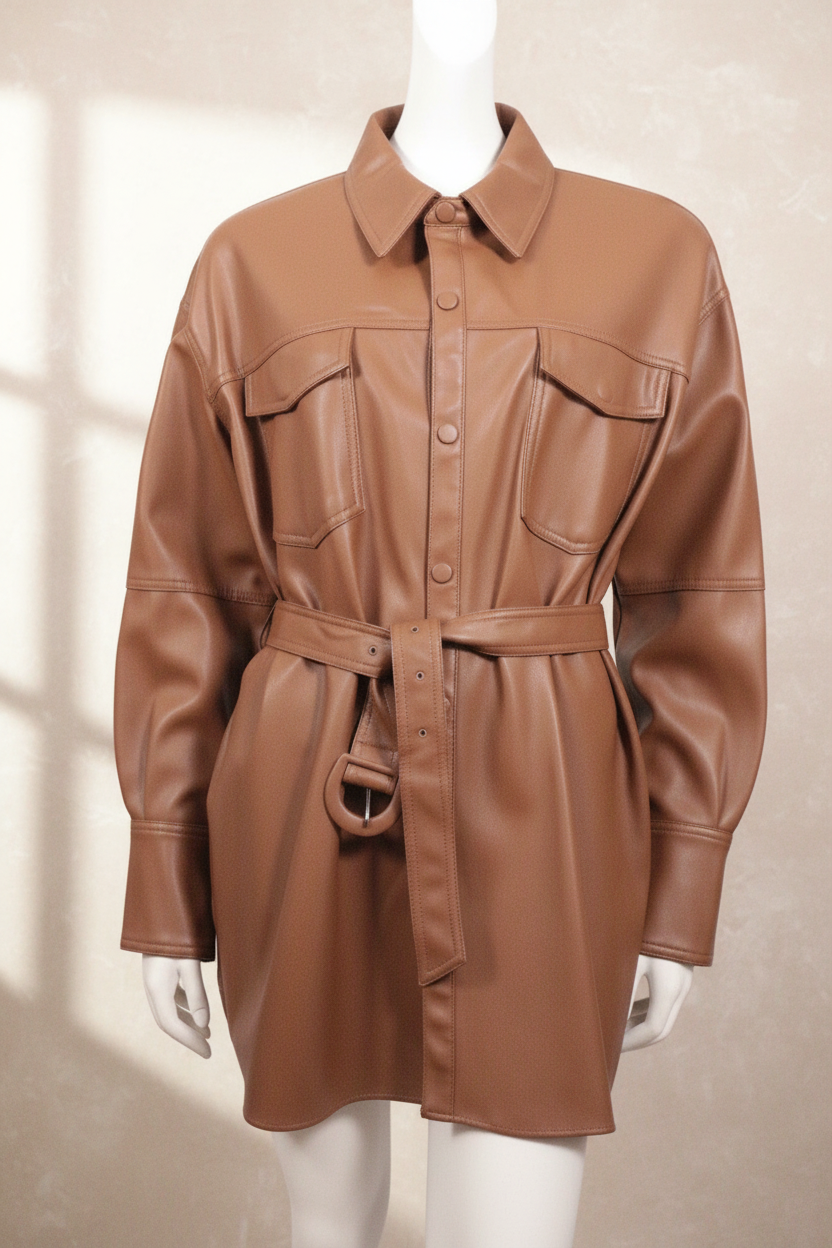 Veste chemise Frippindealz en cuir synthétique marron avec ceinture à boucle et poches poitrine sur mannequin