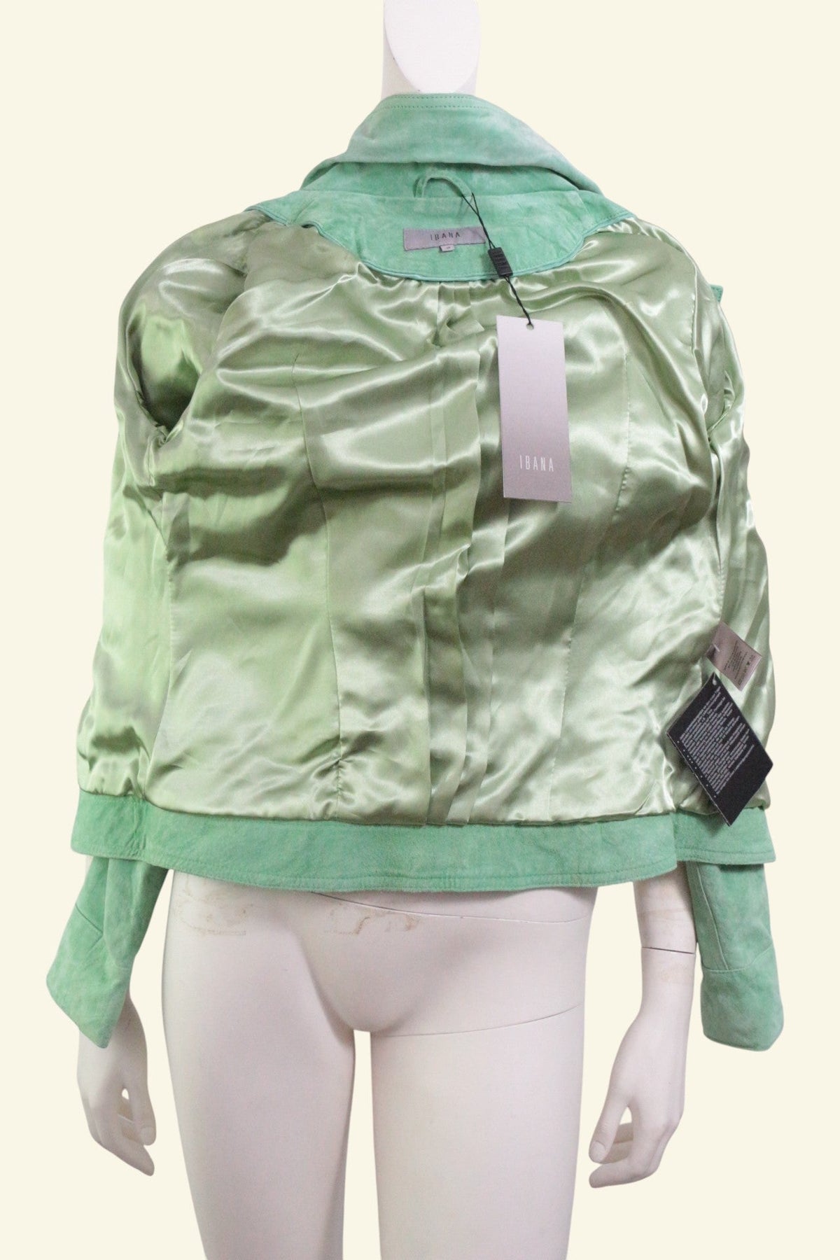 Veste en cuir vert Ibana Jill neuve avec étiquettes, vue intérieure doublée en satin, proposée par Frippindealz
