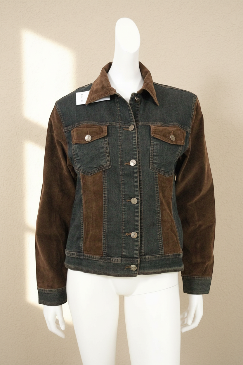 Veste Frippindealz style trucker femme en denim bleu délavé et velours côtelé marron, coupe western vintage Y2K