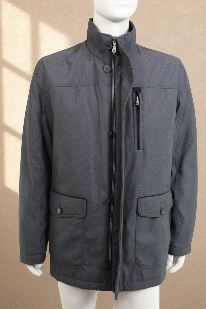 Veste Casual Spirit grise et noire en polyester et polyamide avec fermeture zippée et poches à rabat sur mannequin