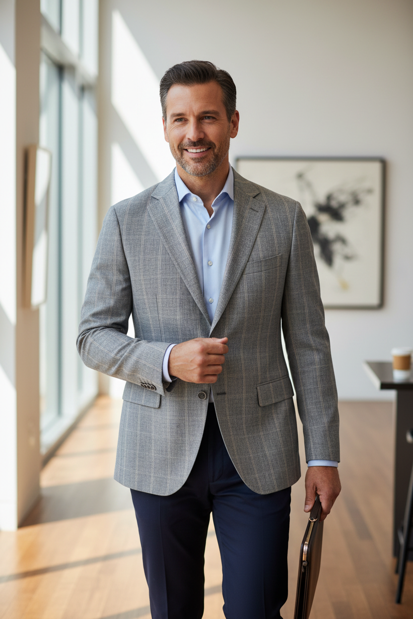 Homme portant une veste Frippindealz grise en coton et lin à carreaux, chemise bleue et pantalon sombre