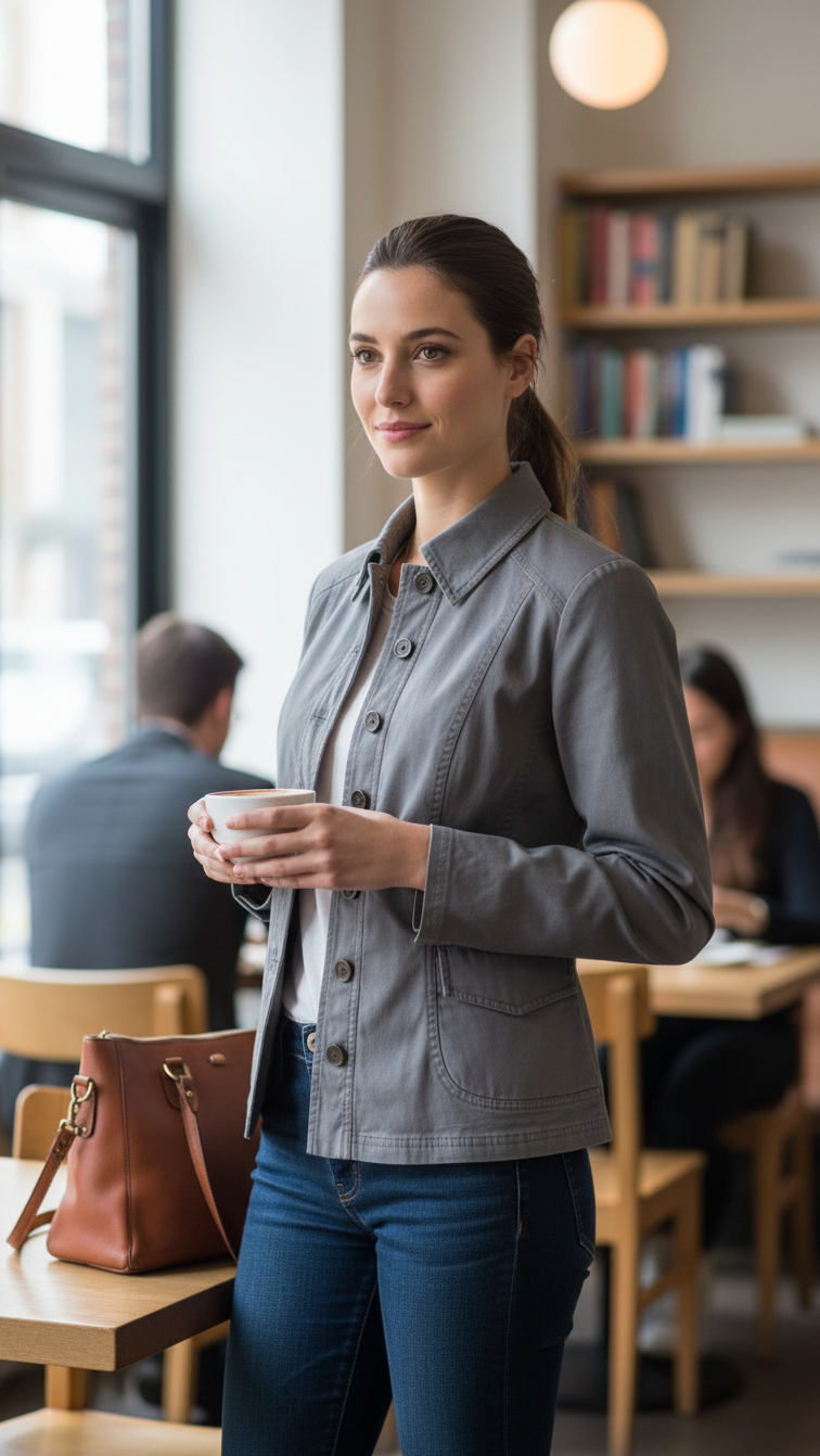 Femme portant une veste grise Frippindealz en coton et élasthanne avec boutons, style décontracté chic en café