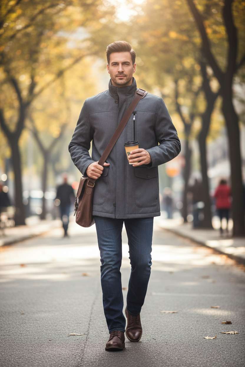 Homme portant une veste Casual Spirit grise en polyester et polyamide, style élégant en extérieur