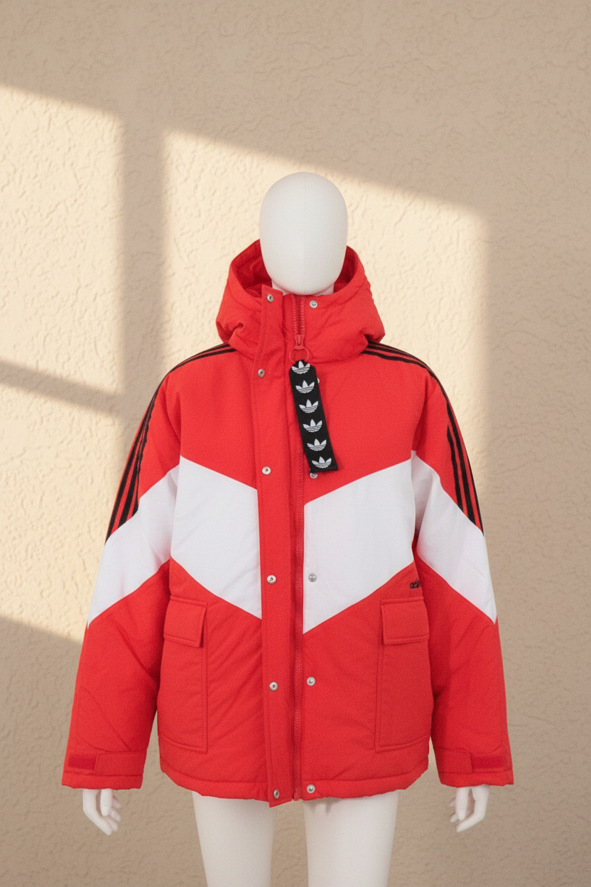 Veste d'hiver Frippindealz Adidas rouge et blanche à capuche avec fermeture éclair et poches avant sur mannequin