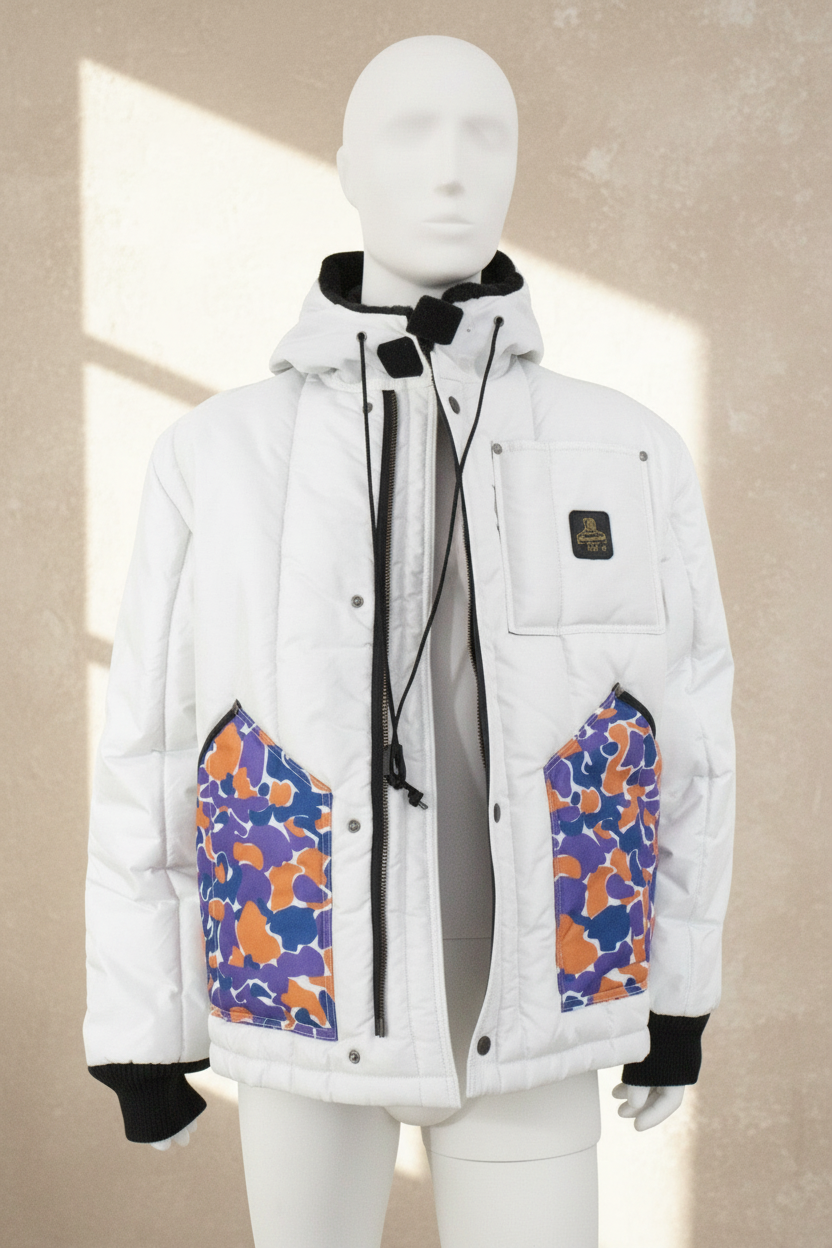 Veste d'hiver Frippindealz Refrigiwear blanche matelassée avec poches à motif camouflage coloré et capuche