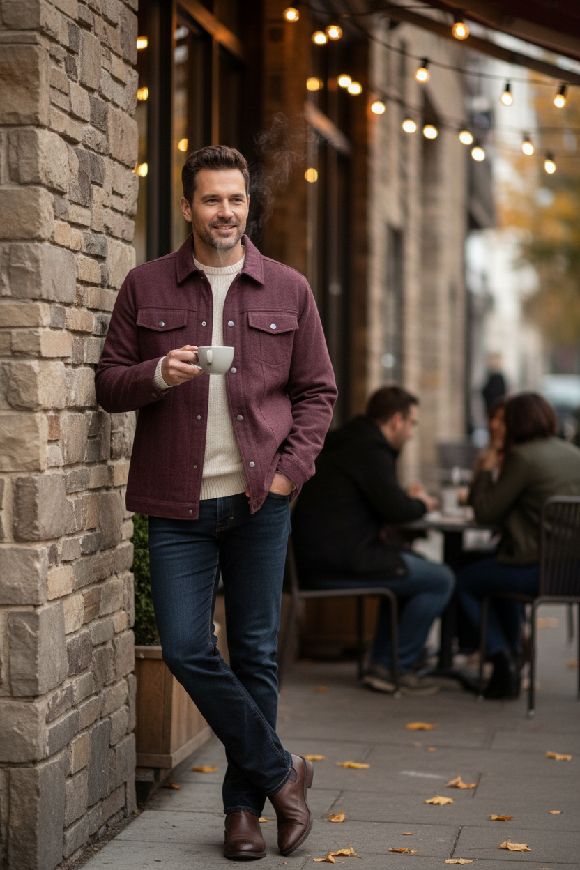 Homme portant une veste Frippindealz bordeaux en mélange de laine et acrylique, style chic décontracté en terrasse.