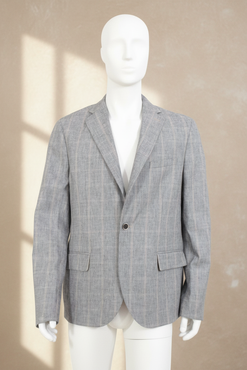 Veste homme Frippindealz grise à carreaux en mélange coton et lin, coupe ajustée, neuve avec étiquette.