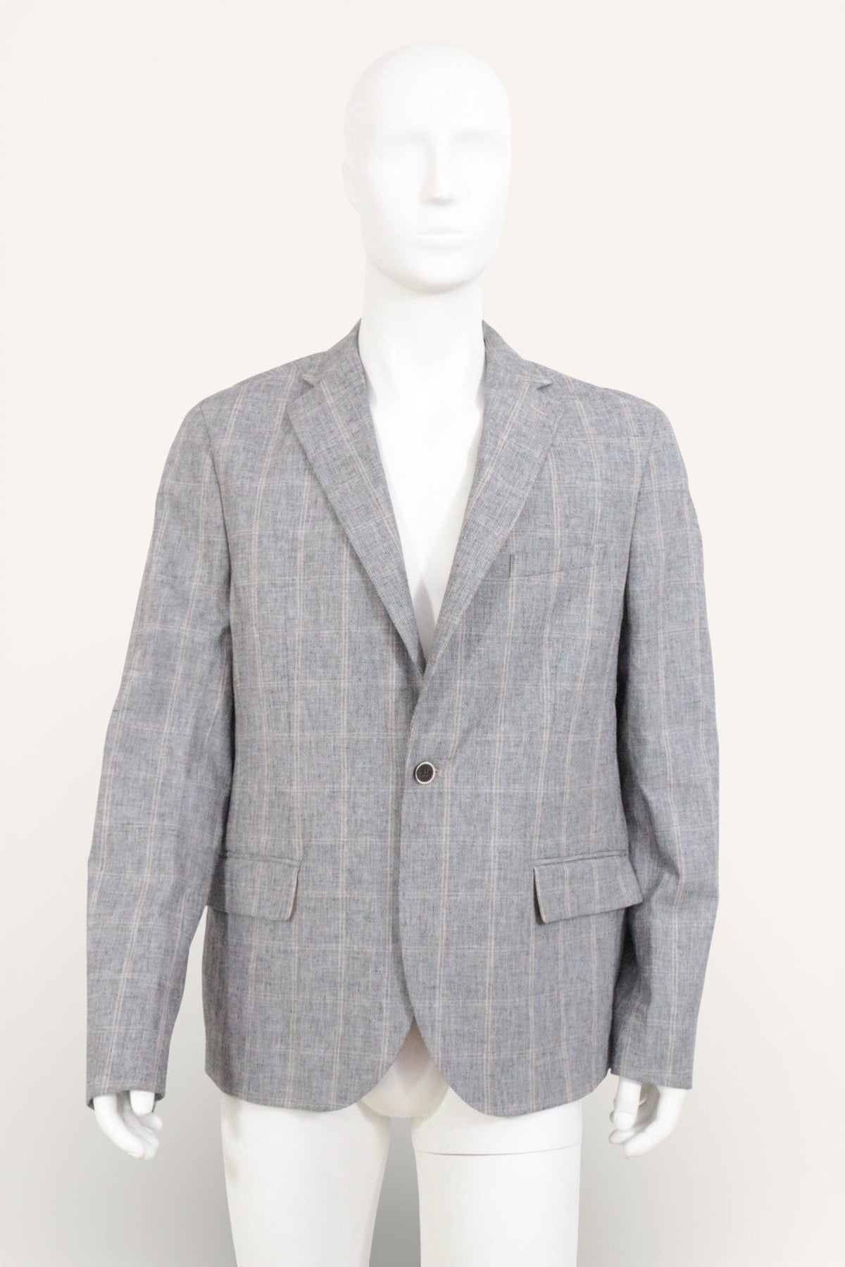 Veste homme Frippindealz Devred en mélange coton et lin gris à motif carreaux, coupe classique, neuve avec étiquette.