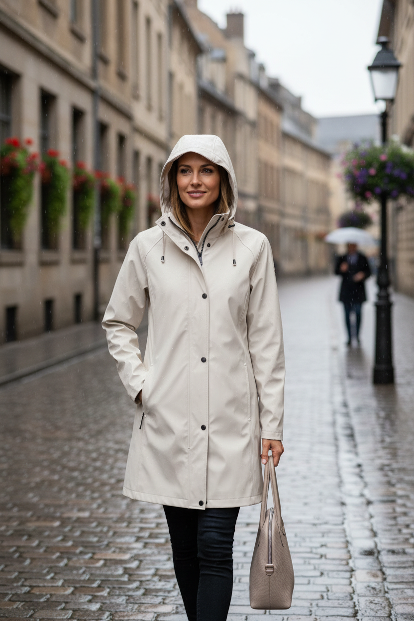 Femme portant une veste imperméable crème Ilse Jacobsen avec capuche dans une rue pavée sous la pluie