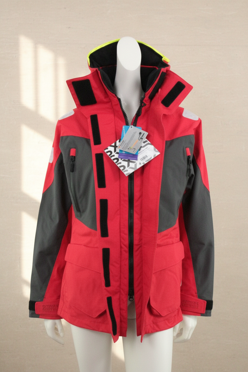 Veste imperméable Frippindealz rouge et grise avec capuche, zips YKK et détails réfléchissants pour le ski