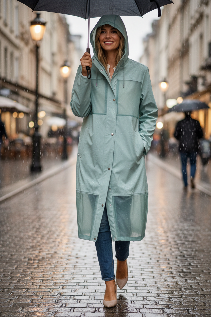 Femme souriante portant une veste imperméable Frippindealz vert menthe avec capuche sous la pluie en ville