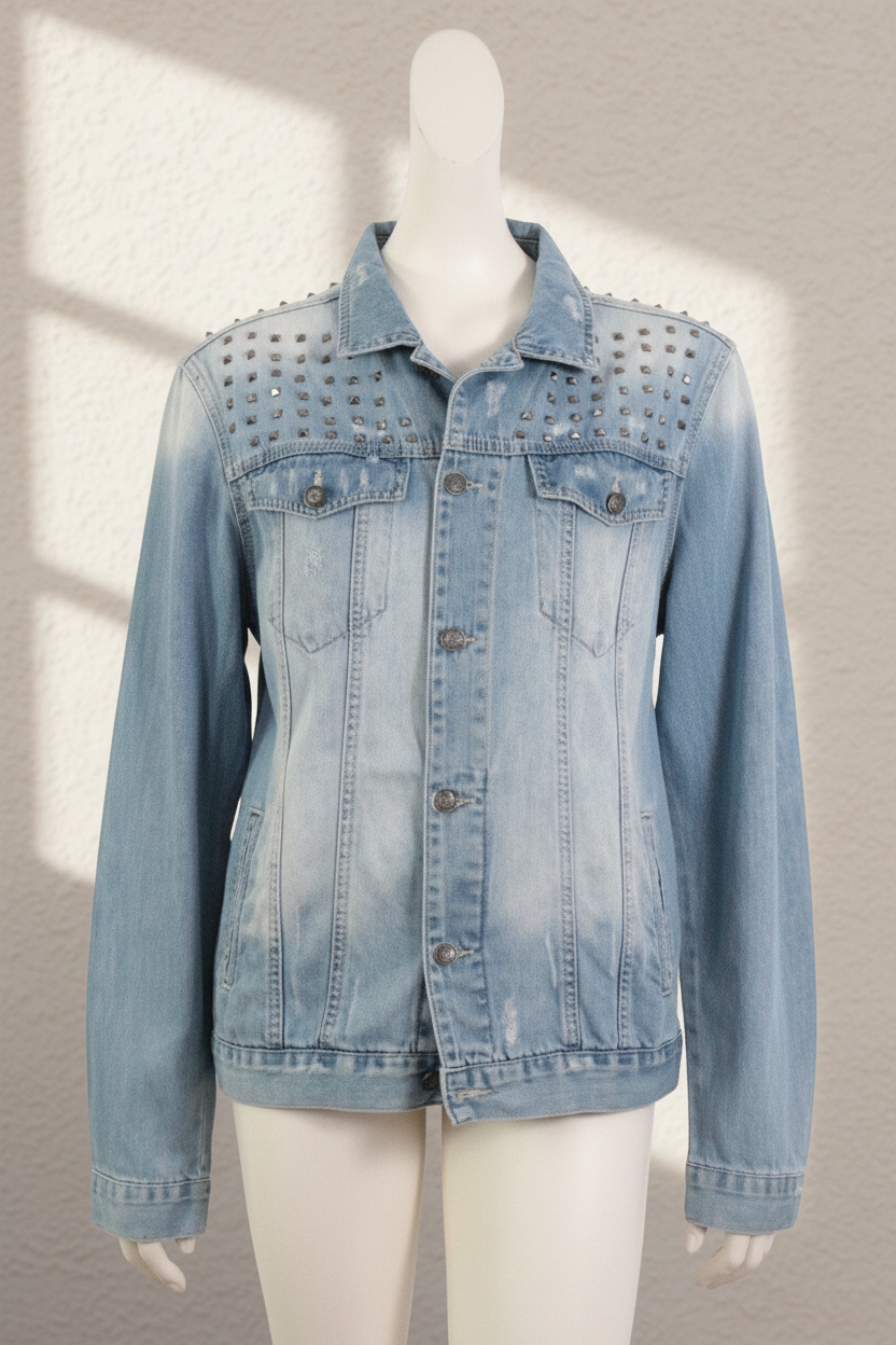 Veste en jean bleu Frippindealz avec clous décoratifs sur les épaules et effet délavé, style rock décontracté