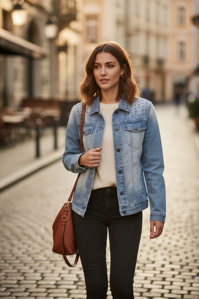 Femme portant une veste en jean bleu Frippindealz avec clous sur les épaules, style délavé, en ville.