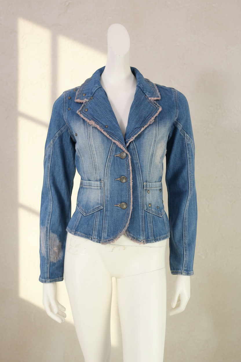 Veste en jean Frippindealz cintrée style Y2K avec détails destroy, finitions effilochées roses et boutons cloutés bronze.