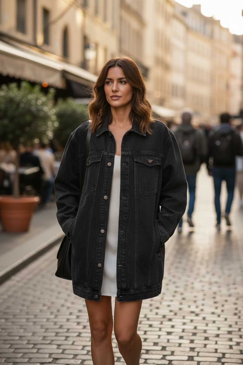Femme portant une veste en jean noir Emporio Armani avec broderie au dos, style décontracté dans une rue, Frippindealz