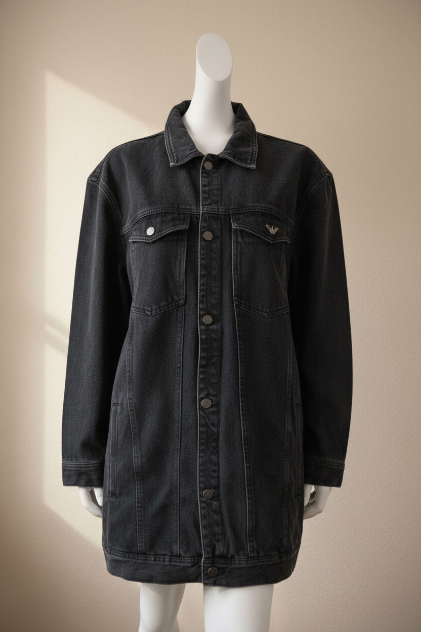 Veste en jean noir Frippindealz Emporio Armani avec poches poitrine et fermeture boutonnée sur mannequin
