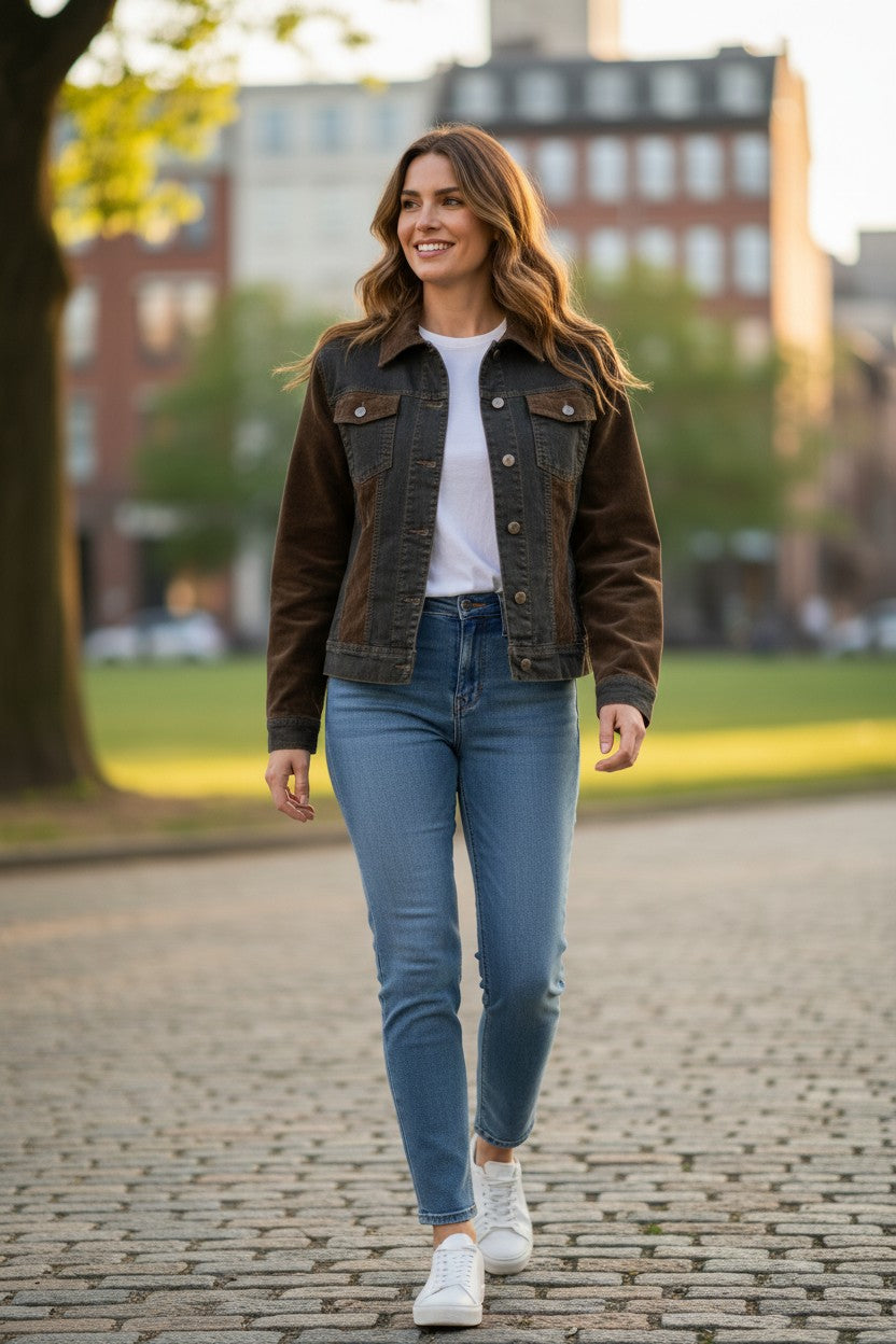 Frippindealz Veste en jean et velours côtelé marron et bleu délavé, style trucker Y2K, taille 40.