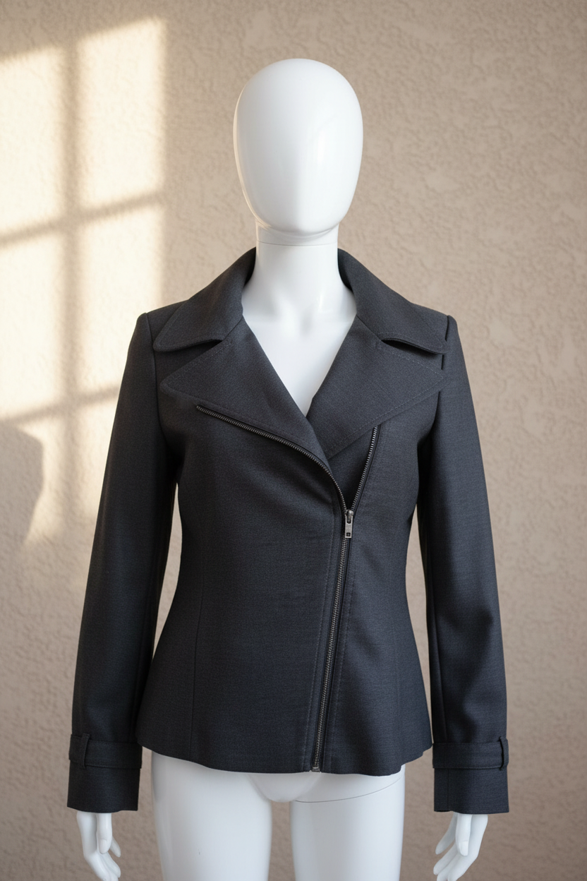 Veste en laine grise Frippindealz avec fermeture éclair diagonale et col structuré sur mannequin