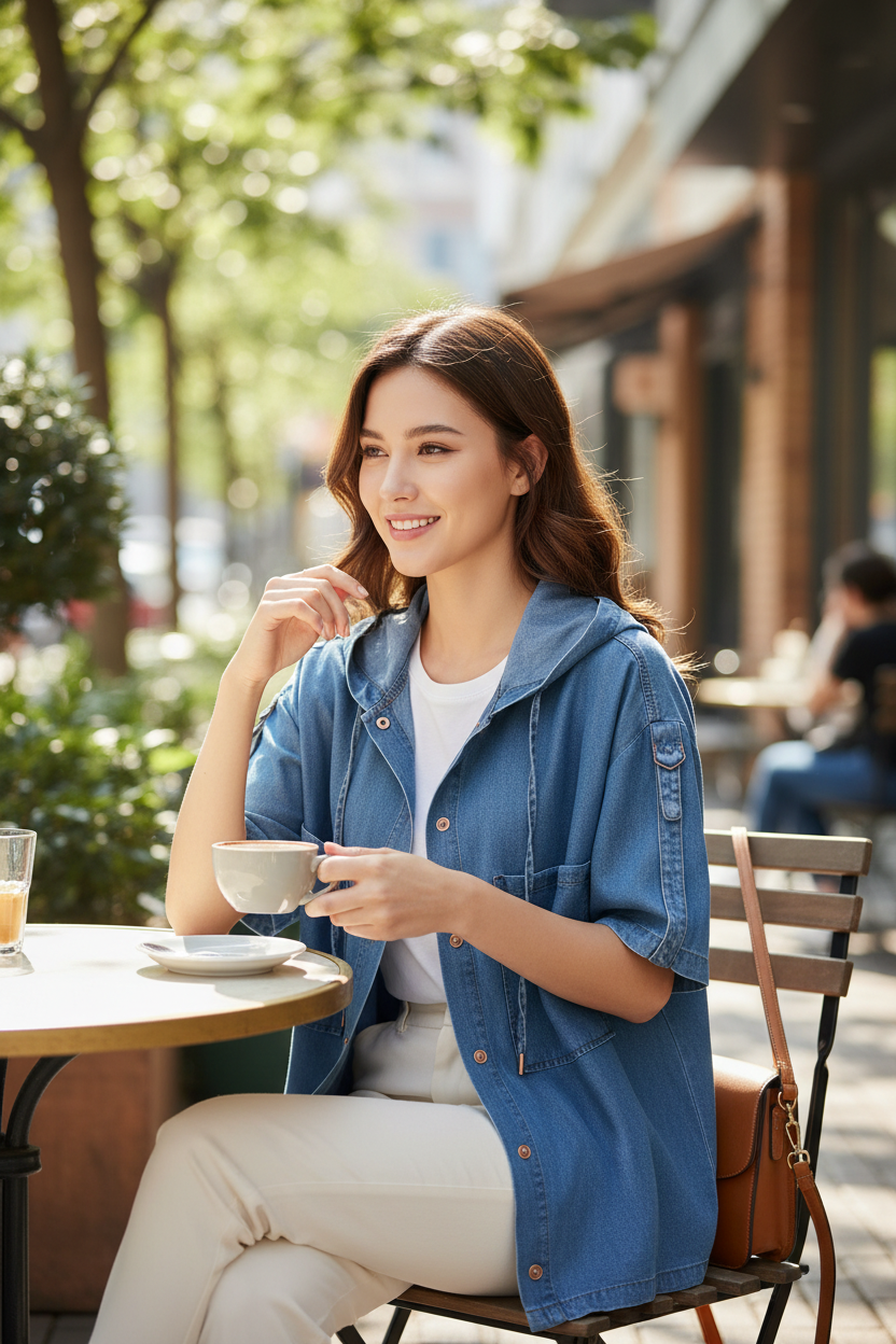 Femme souriante portant une veste en lyocell bleu Frippindealz avec capuche et boutons métalliques en terrasse