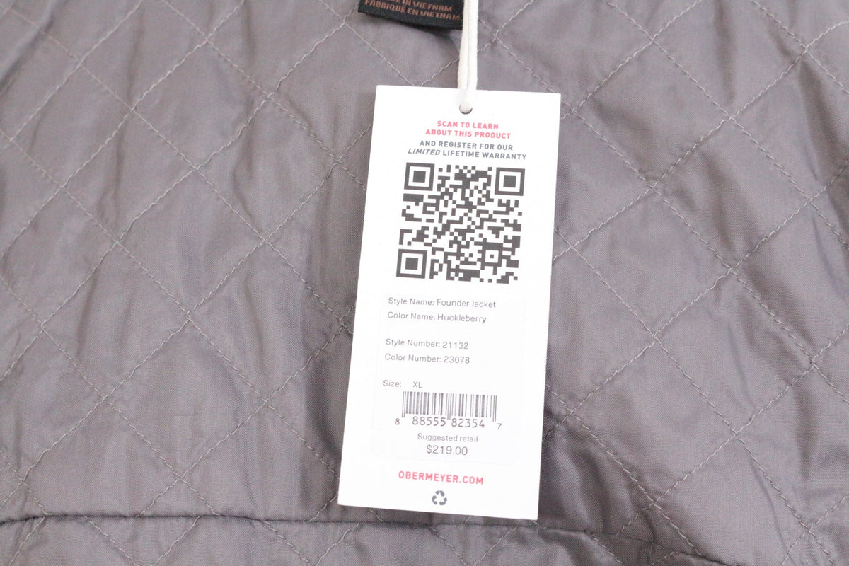 Étiquette de prix Frippindealz sur une veste matelassée Obermeyer grise avec code QR et détails du produit