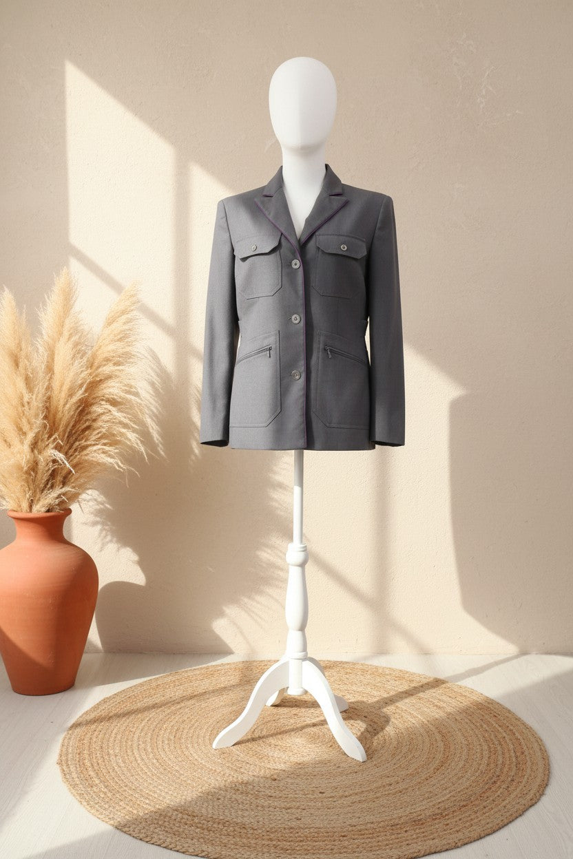 Veste militaire Frippindealz Ox Bridge grise en laine et polyester avec poches et doublure violette sur mannequin