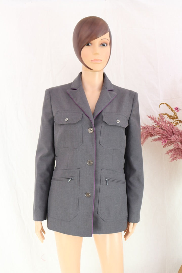 Veste militaire Frippindealz Ox Bridge grise en laine et polyester avec poches et doublure violette contrastée