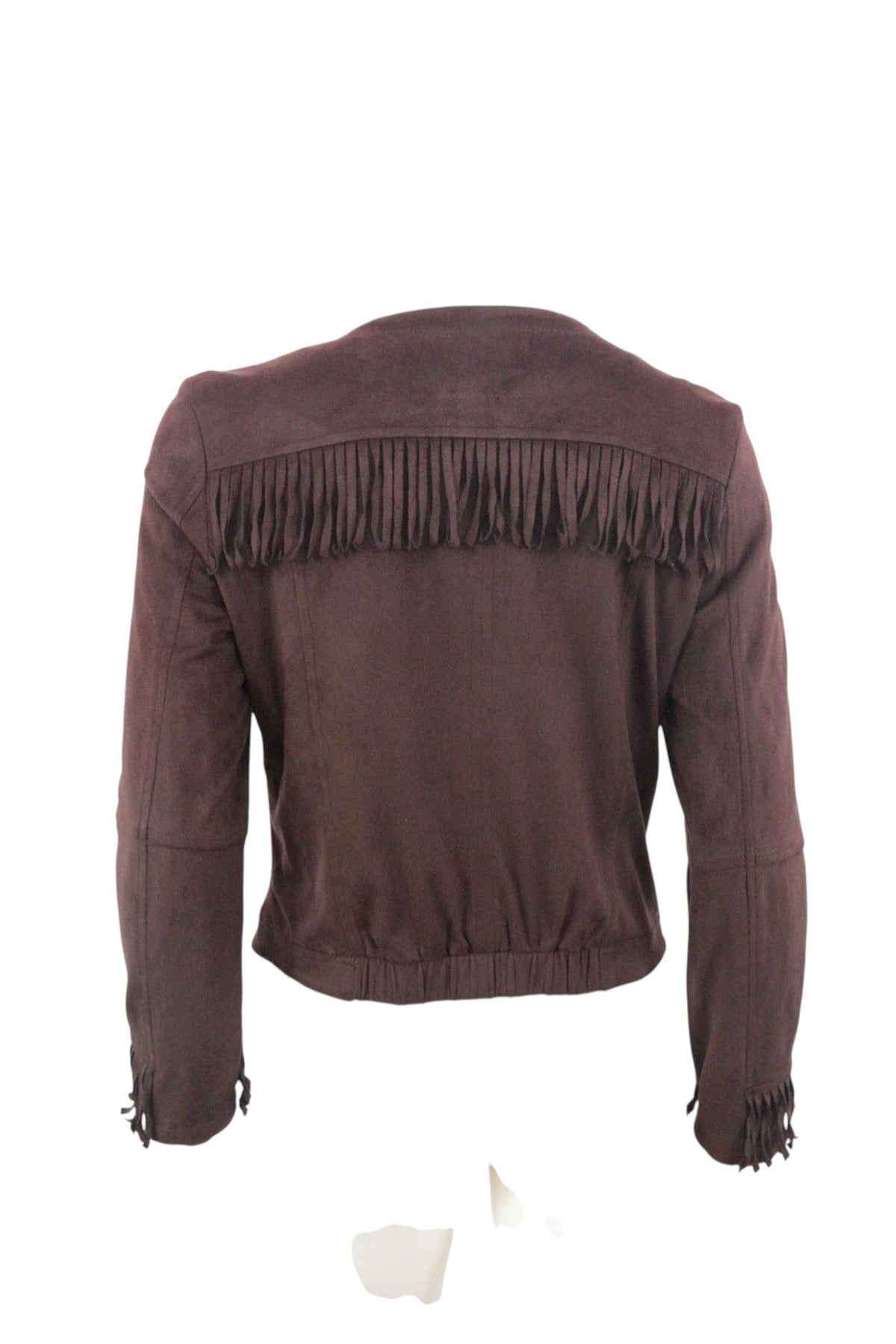 Veste Frippindealz Morgan marron effet daim avec détails à franges style western boho chic vue de dos