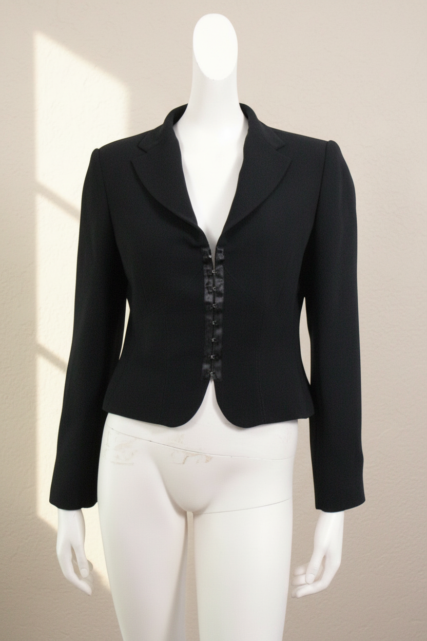 Veste noire classique Camaïeu en polyester avec fermeture à crochets, présentée sur un mannequin, style chic.