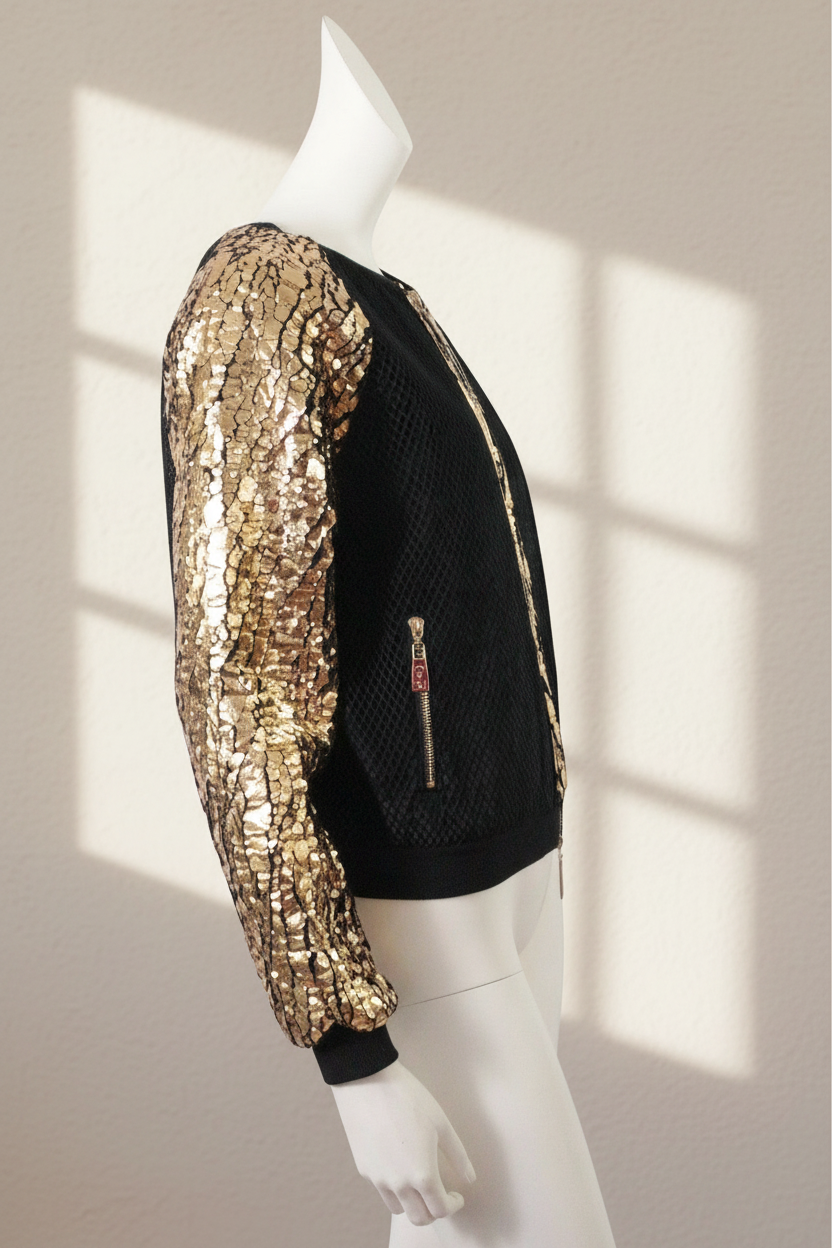 Veste Frippindealz Lola Casademunte noire en maille avec manches dorées scintillantes et fermeture éclair dorée