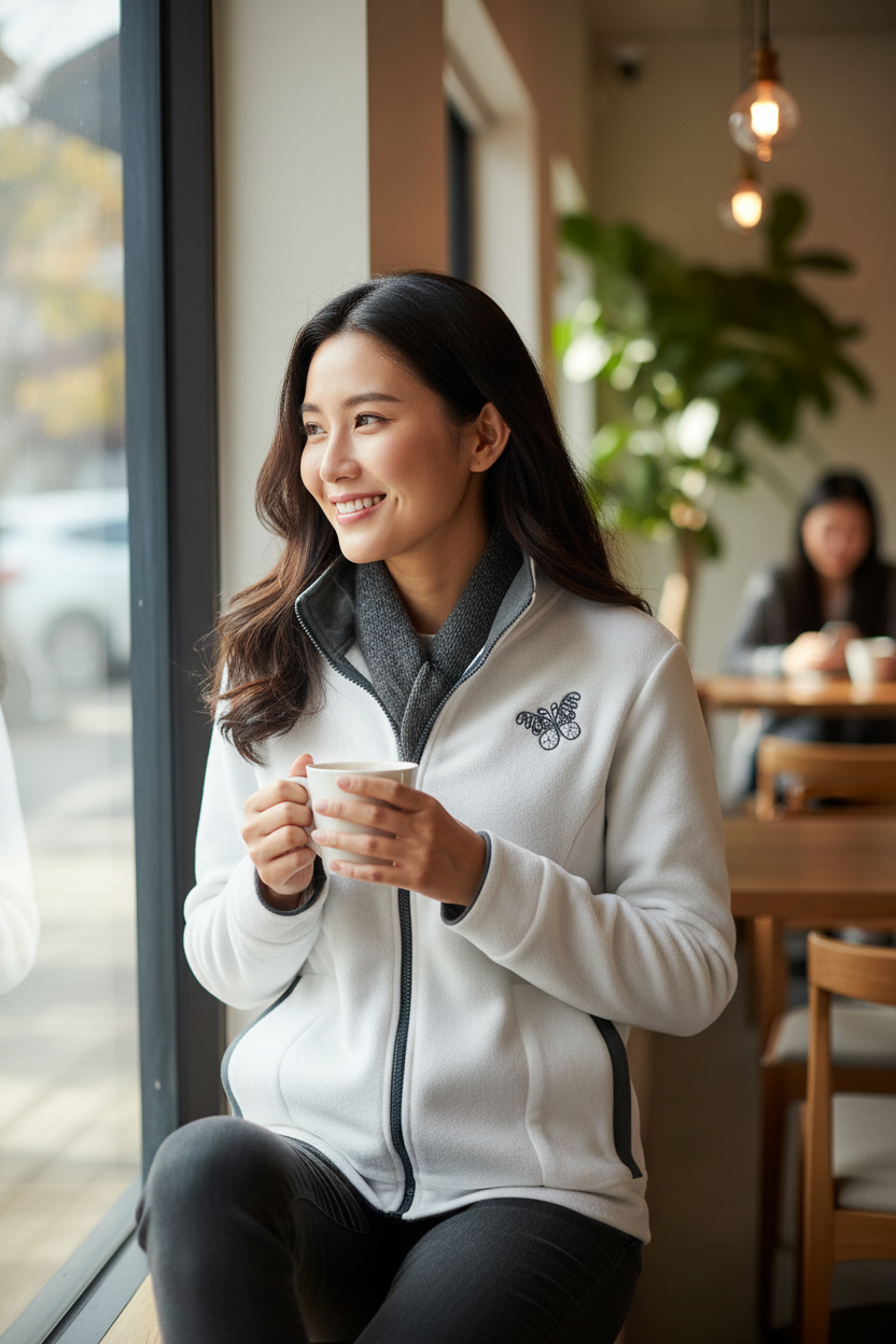 Femme souriante portant une veste polaire réversible blanche Damart avec broderie papillon dans un café