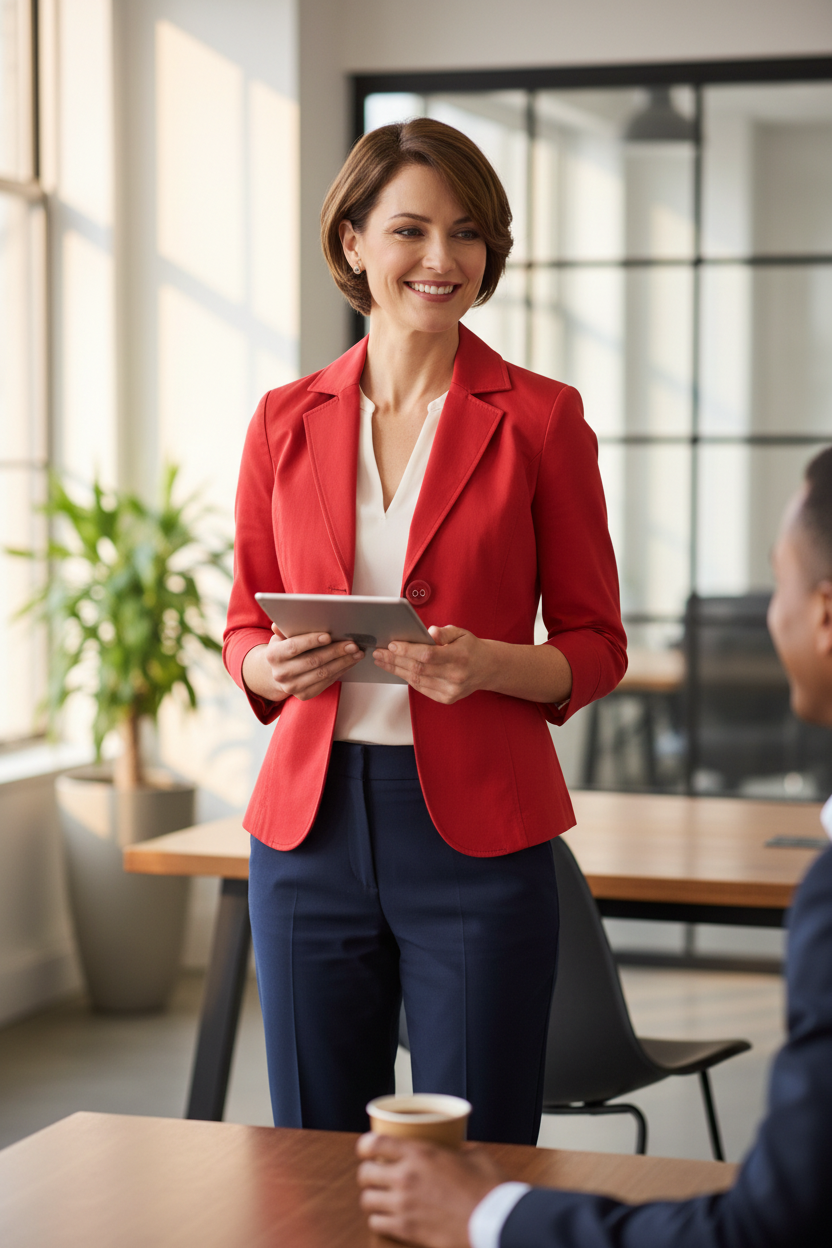 Femme souriante portant une veste rouge cerise Frippindealz avec boutons contrastants dans un bureau lumineux