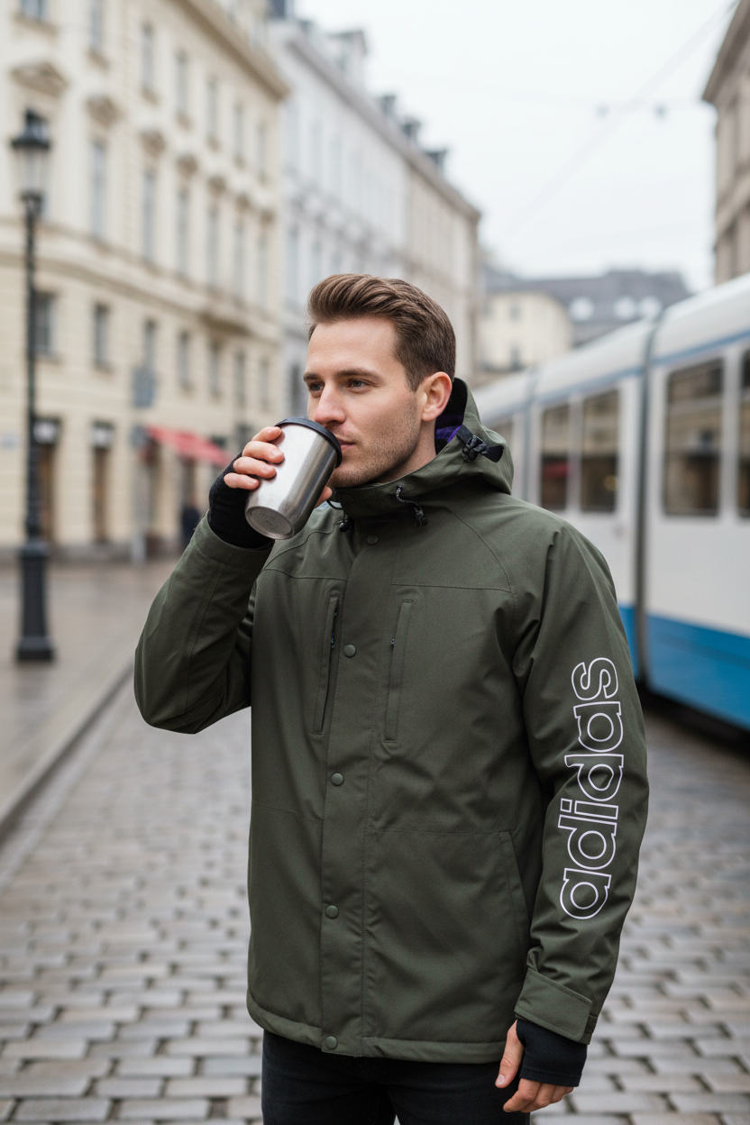 Homme portant une veste de ski Frippindealz Adidas kaki avec capuche et logo blanc sur la manche en ville